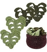 beinkmake 5Pcs Monstera Leaf Coaster Set in a Pot Hand Crochet Woven Green Leaf Coaster with Brow...