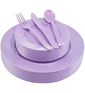 YOUBET 125Pieces Purple Plastic Plates-Purple Plastic Silverware-Include 25 Dinner Plates 25 Dess...