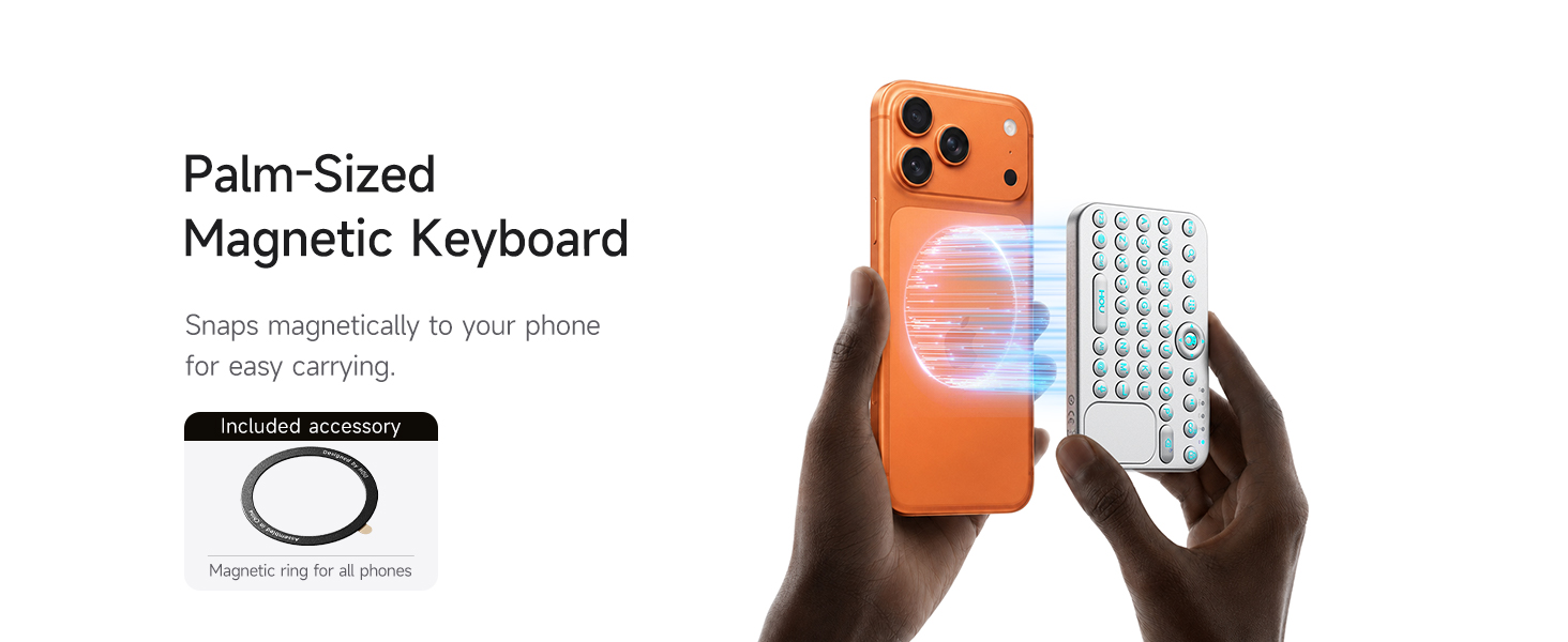 Two hands showing mini keyboard magnetically attaching to smartphone