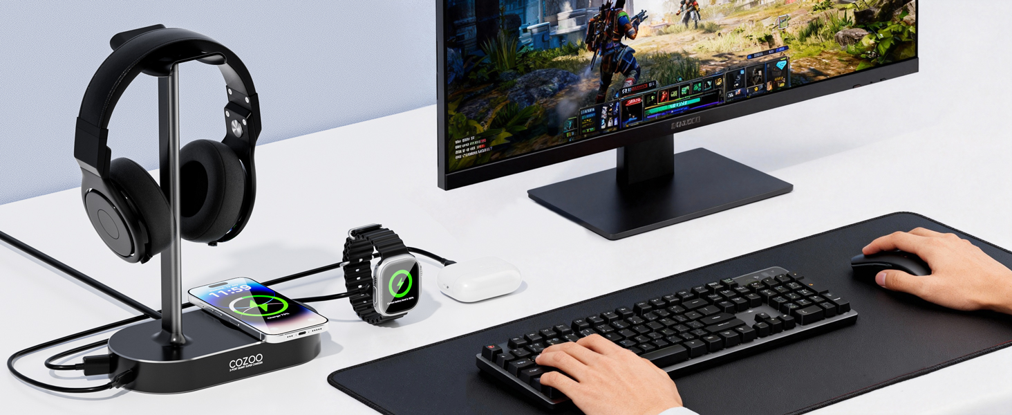 Headphone Stand with Wireless Charging Pad and 3 USB Charging