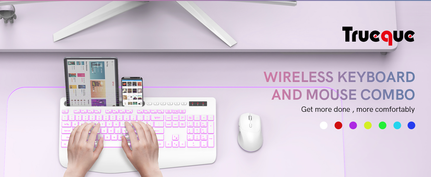 Wireless Keyboard and Mouse Backlits, Wrist Rest, Rechargeable Ergonomic Keyboard with Phone Holder