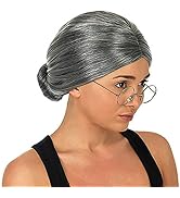 3 otters Costume Old Lady Wig, Gray Wig Women's Cosplay Wig with Glasses Gray Wigs for 100 Days o...