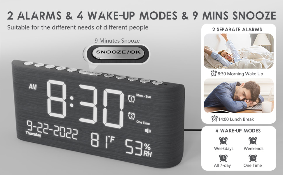 2 alarm 4 wake up modes 9mins snooze