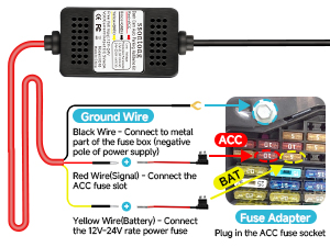Wiring diagram for a car accessory, showing connections between black, red, and yellow wires to various components.