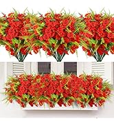 HIAGROW Spring Artificial Flowers with Fern 12 Bundles Red Fake Flowers for Outdoors UV Resistant...