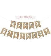 Pre-Strung Happy Birthday Banner - NO DIY - Gold Glitter Birthday Party Banner - Pre-Strung Garla...