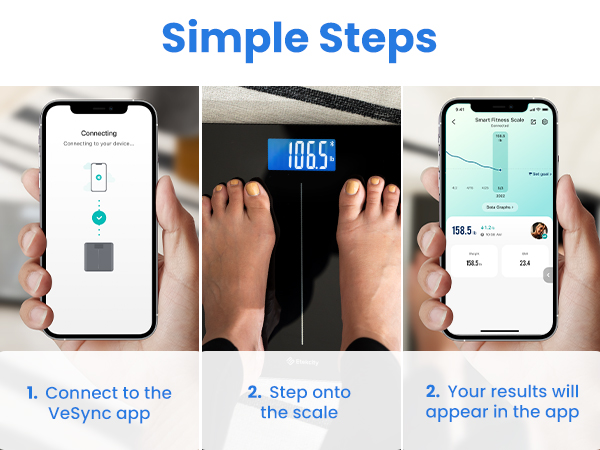 Simple Steps: Connect to the VeSync app and step on, your results will appear in the app.