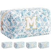 HBselect Initial Makeup Bag for Women, Quilted Cosmetic Travel Toiletry Bag, Flowers Zipper Make ...