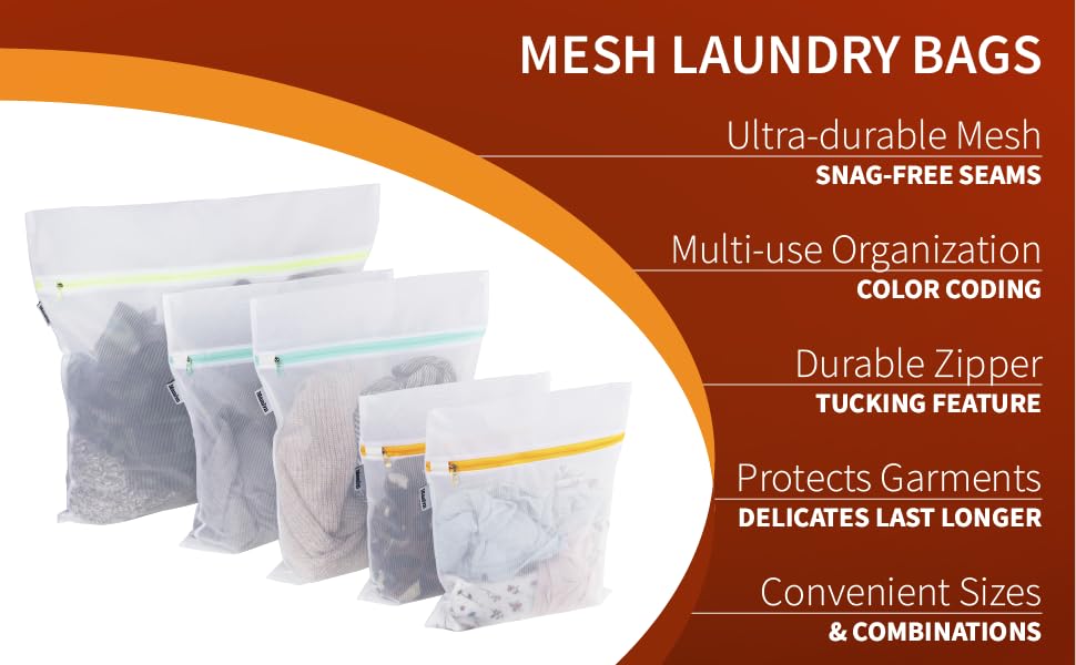 Ultra-durable mesh, snag-free seams, multiuse organization, color coding, durable zipper