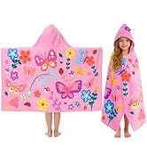 PinkSheep Hooded Bath Towel for Girls Age 3-10,100% Cotton Butterfly Toddler Towel with Snap