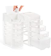 ZOOFOX 2 Pack Plastic Storage Drawers, Small 5 Drawer Desktop Storage Unit, White Frame with Clea...