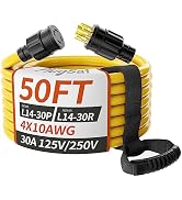 PlugSaf 50FT 30 Amp Generator Extension Cord 4 Prong, NEMA L14-30P/L14-30R 10 Gauge STW 125/250V ...