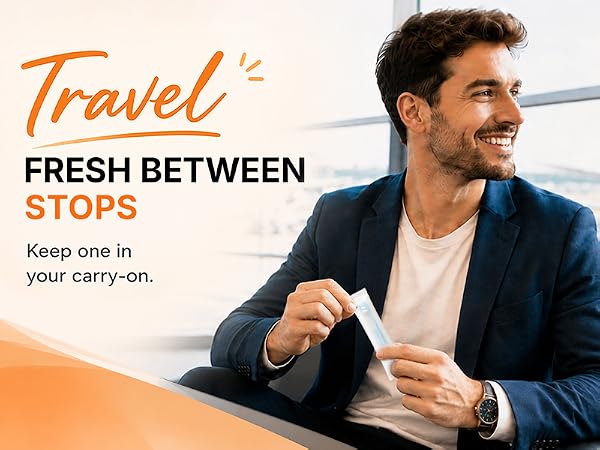 Traveler holding an individually wrapped TuckPoki toothbrush in an airport lounge.