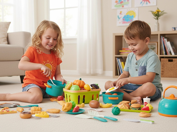 Two kids played the cookware playset in their home