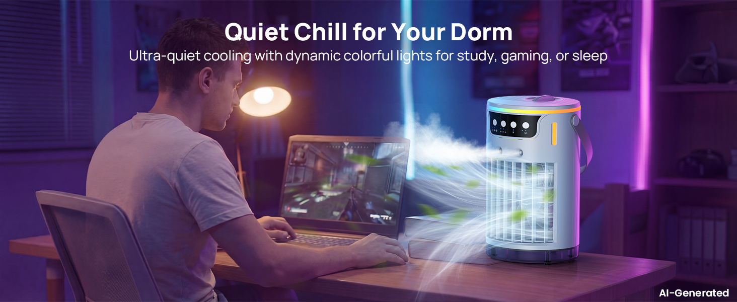 Quiet dorm mini portable air conditioner with colorful lights for study, gaming, and sleep