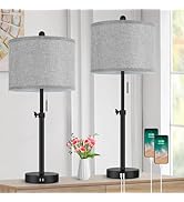Kondras Table Lamps for Bedroom Set of 2, 23''-30'' Adjustable Height Bedside Lamps with 2 USB Po...