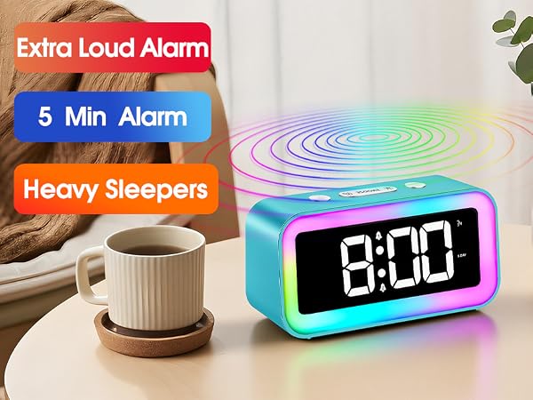 100dB extra loud alarm clock for heavy sleepers 5 minute continuous ring 9 minute snooze