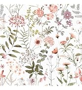 VEELIKE Wildflowers Floral Wallpaper Removable Vintage Peach Pink Floral Peel and Stick Wallpaper...