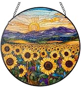 Stained Glass Window Hanging, Sunflowers Mountain Sun Stained Glass Suncatchers Indoor Windows Gl...