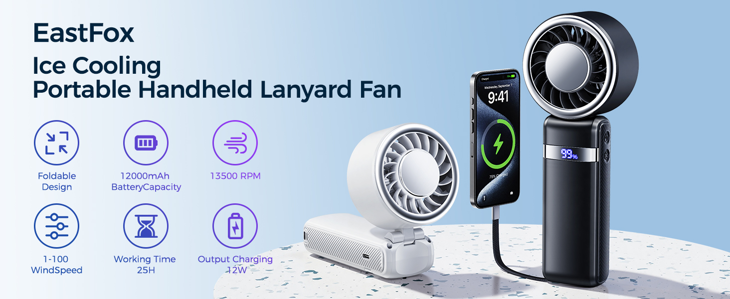 EastFox Power Bank & Ice Cooling Portable Handheld Lanyard Fan