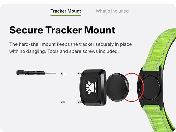 Hard shell mount holds the locator tag flush on the collar with screws and tools included