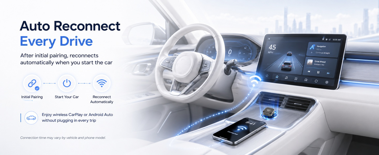 Wireless adapter reconnects to CarPlay or Android Auto when the car starts.