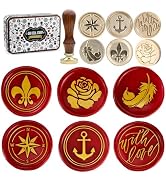 Wax Seal Stamp Kit, 6 pcs Brass Head Wax Stamp & 1 Wooden Handle, 6 Designs (Anchor, Feather, Fle...