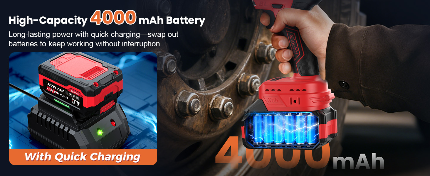 high-capacity 4000mAh battery providing long-lasting power for the cordless impact wrench