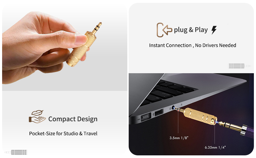 Compact plug and play 3.5mm to 6.35mm adapter shown connecting a laptop to studio equipment
