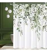 Gibelle Olive Green Eucalyptus Shower Curtain, Watercolor Plant Leaves with Floral Bathroom Showe...