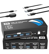HDMI DisplayPort KVM Switch 2 Monitors 2 Computers, 4K@60Hz Dual Monitor KVM Switches HDMI Displa...