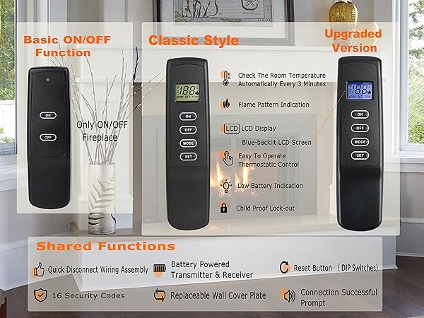 Compare the main functions and features of three fireplace remote controls