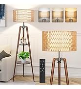 OUTON Boho Rattan Tripod Floor Lamp with Shelves, Dimmable Mid Century Modern Standing Lamp with ...