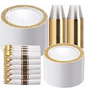WELLIFE 350 Pieces Gold Plastic Dinnerware, Include:50 Dinner Plates,50 Dessert Plates, 50 Pre Ro...