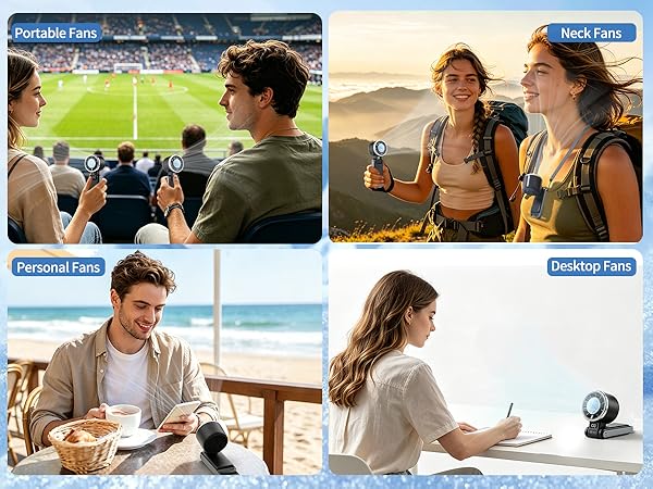 Text reads 'Stadium Fan', 'Beach Fan', 'Personal Fan', 'Outdoor Fan'. Four-panel grid showing people using portable fans in different settings: stadium, beach, personal workspace, and outdoor dining scenarios.