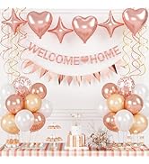 Welcome Home Banner, Welcome Home Decorations Rose Gold with Star Foil Balloons Hanging Swirl Str...