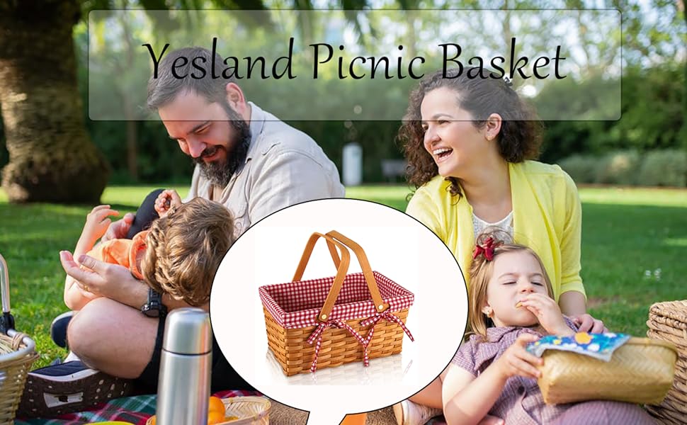Woven Natural Woodchip Wicker Basket with Double Handles and Red and White Gingham Blanket Lining