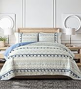 Bedspread Queen Size Bohemian Geometric Queen Quilt with Tassle, White and Blue Aztec Pattern Boh...