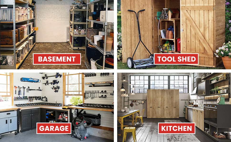 Pictures settings to use repeller: Basement, tool shed, garage, kitchen.