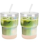 Zukro 13 oz/400ml Glass Iced Coffee Cups with Lids and Straw| Leakproof Reusable Cute Thick Wall ...