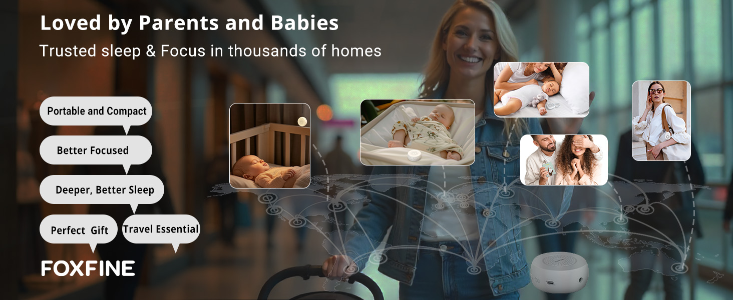 White noise machine featured in various daily scenarios, trusted by many parents and babies