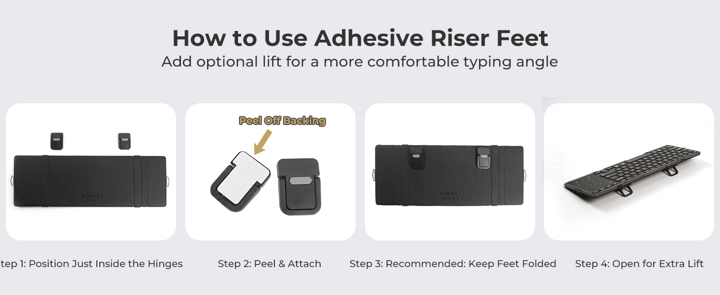 Aimarz AF01 riser feet shown being applied to create an optional typing angle.
