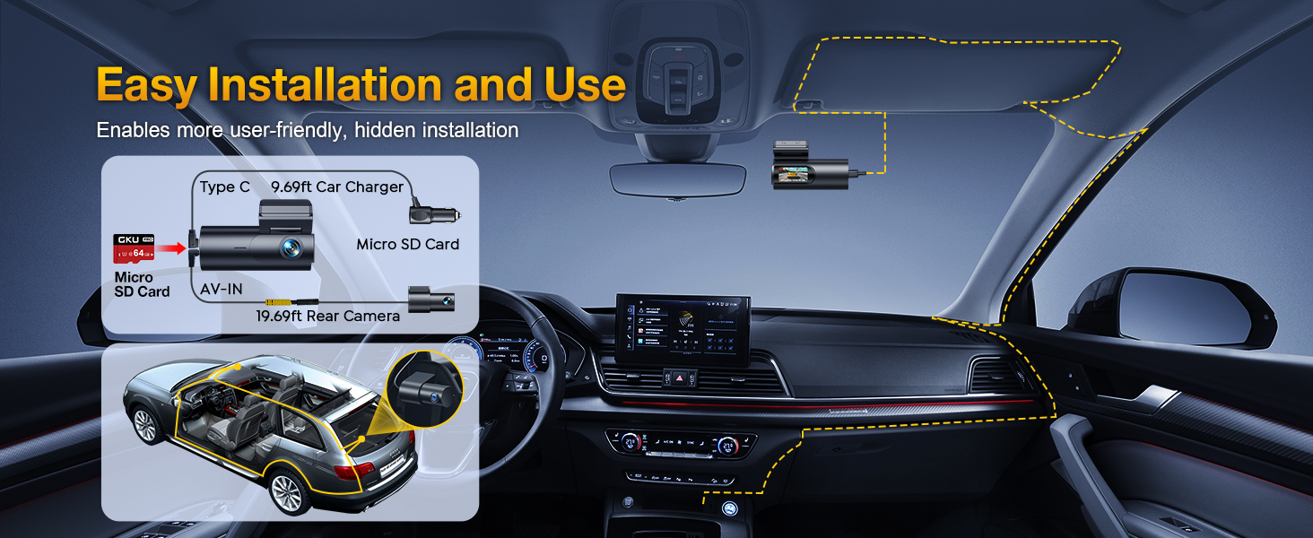 Car interior dashboard showing installation diagram for electronic device, with USB connection and mounting instructions.