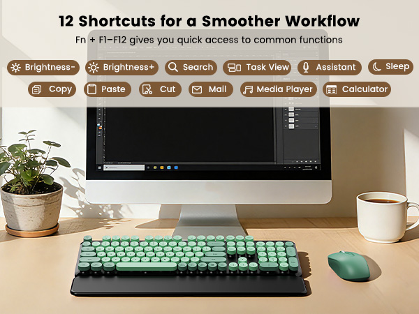 Green Black round-key keyboard and mouse with wrist rest shown below shortcut key functions.