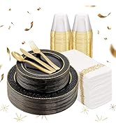 FLOWERCAT 175PCS Black Plastic Plates with Gold Rim & Black and Gold Plates & Gold Plastic Silver...