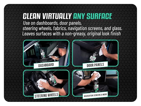 Total Interior cleaning wipes used on car dashboard, door panels, console with fresh new car scent