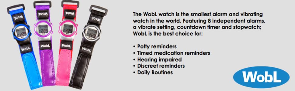Wobl watch, reminder watch, potty training watch, toilet training, vibrating alarm watch