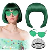 PLULON Dark Green Bob Wig with Heart Sunglasses and Hair Cap for Women, Short Bob Wigs Synthetic ...