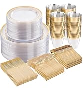 WELLIFE 600pc Gold Trim Plastic Dinnerware Set for Party: 100 Dinner Plates, 100 Dessert Plates, ...