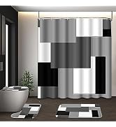 Tayney Grey Geometric Shower Curtain Set with Toilet Lid Cover and Non-Slip Rugs for Bathroom, Bl...